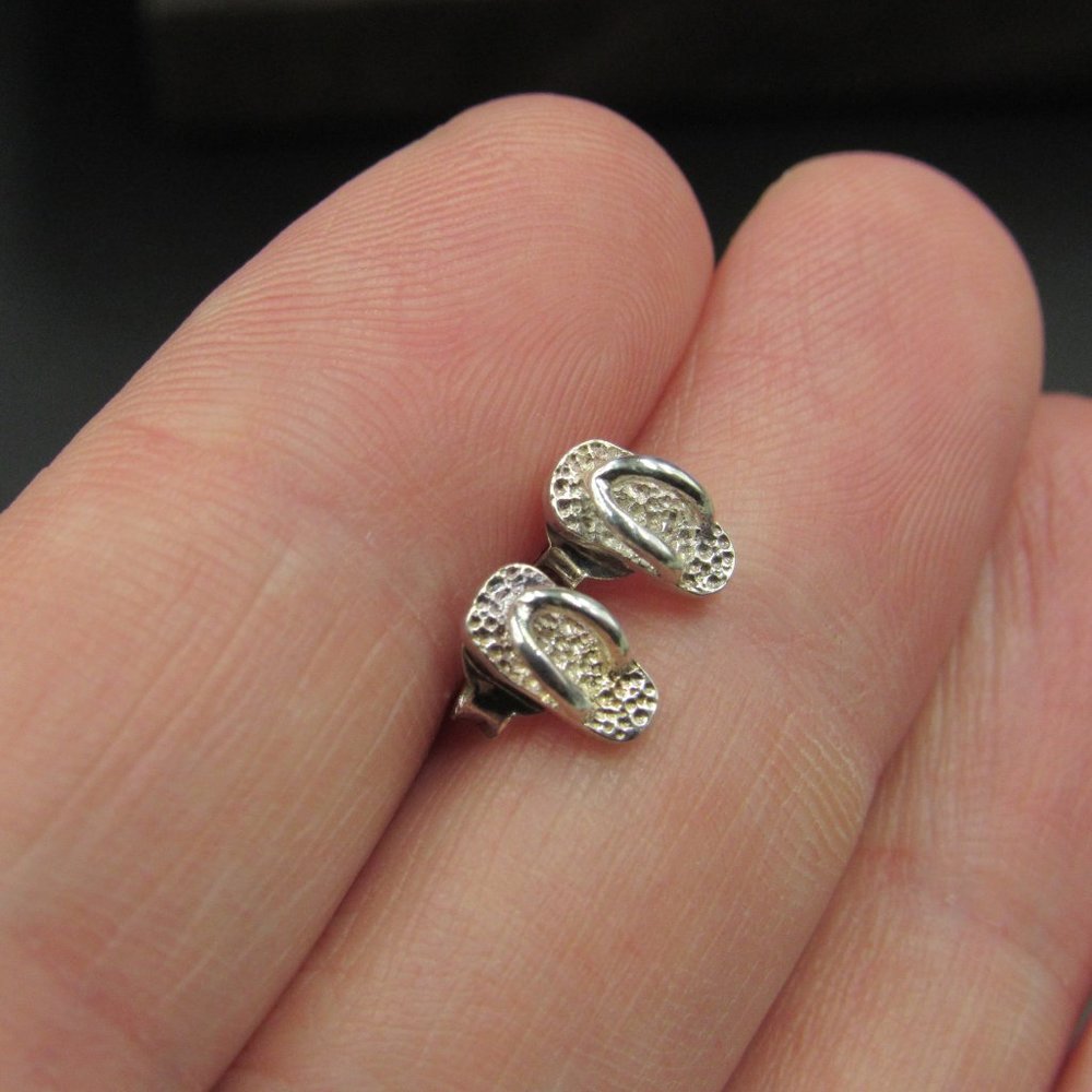 Sterling Silver Rustic Tiny Sandal Stud Earrings - image 2